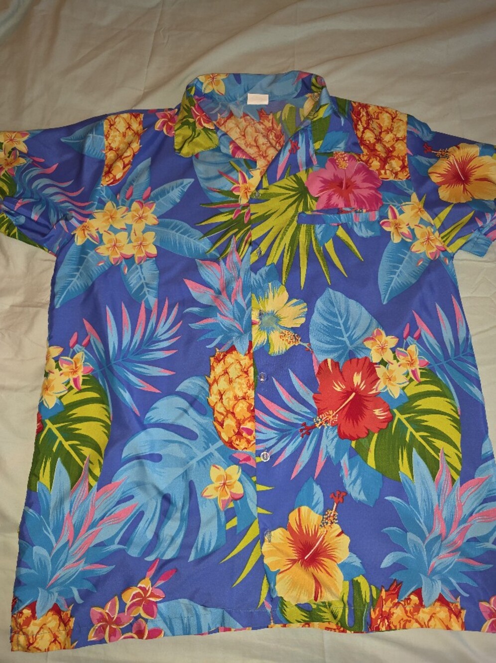 King Kameha Blue Tropical Hawaiian Shirt Size L Pineapple Hibiscus Oversized